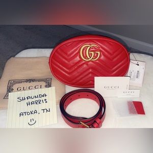✨NEW AUTHENTIC GUCCI Marmont Red Quilted Leather G Interlocking Belt Bag